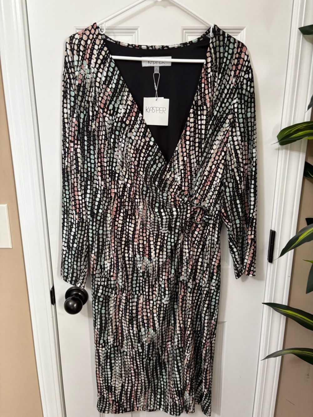 Kasper Black Dress with Pink and Mint Dot Print, Long Sleeve Wrap Style Sz XL